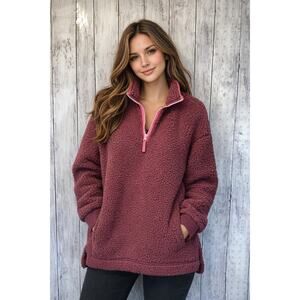 Verve Burgundy Sherpa Fleece Pullover | Cozy Zip-Up Jacket